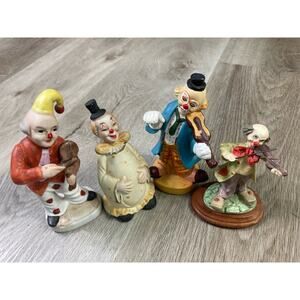 Vintage Clown Figurines Lot of 4 Circus Porcelain & Resin Musician Decor Set